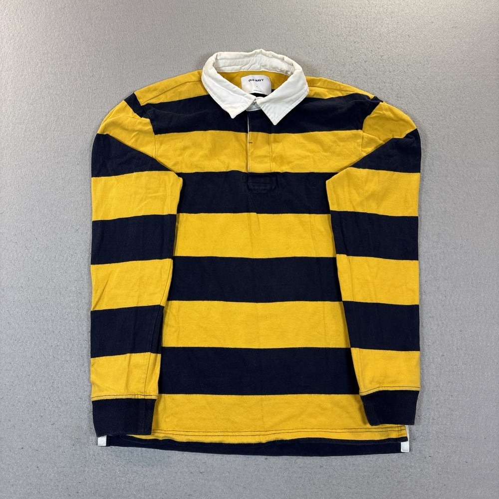 Old Navy Rugby Shirt Men Small Yellow Navy Stripe Long Sleeve 100% Cotton Preppy
